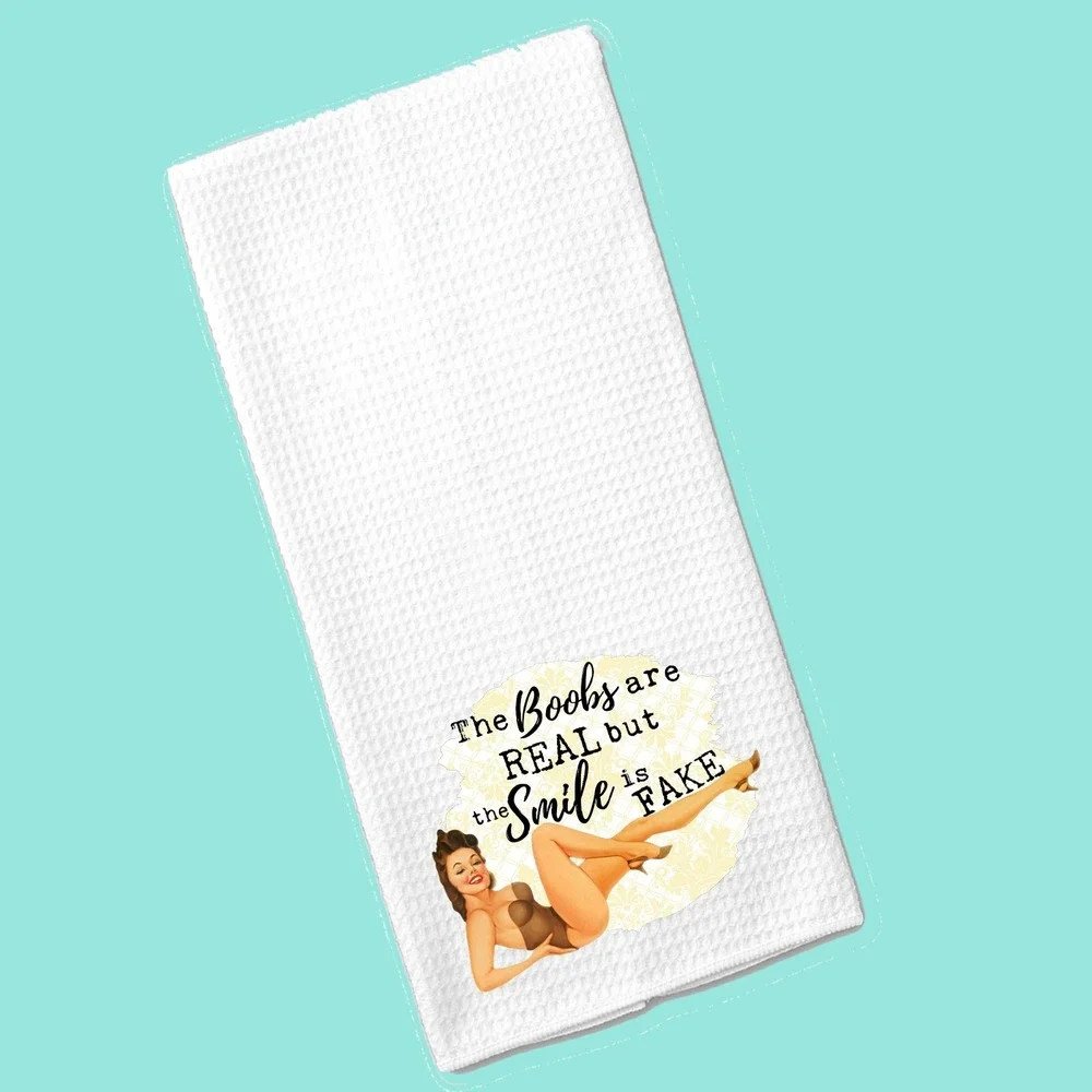 Vintage Pinup Girl Waffle Weave Kitchen Towel White Funny Retro Dish Cloth